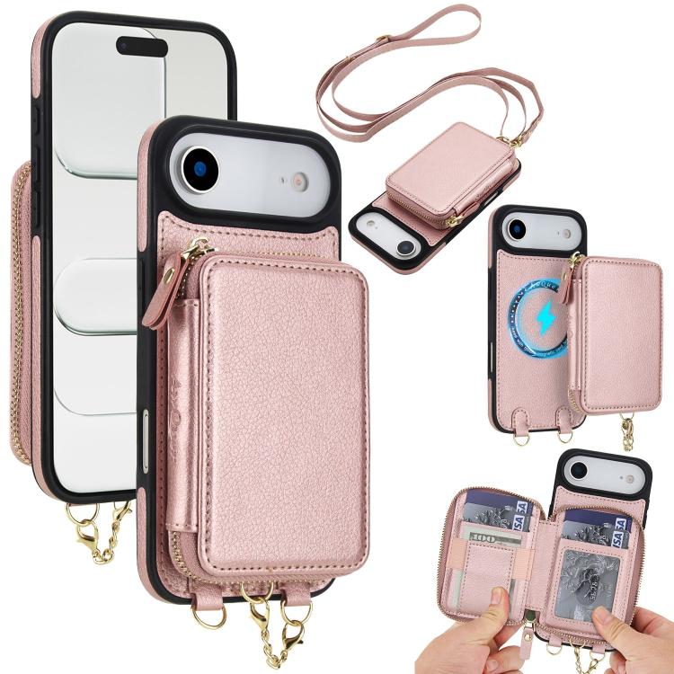 

For iPhone Air AwQuer 2 in 1 Crossbody Zipper Wallet Leather Back Phone Case(Rose Gold)