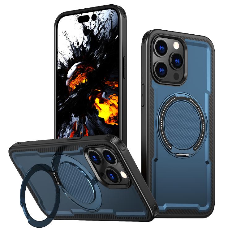 

For iPhone 15 Pro kalebol Metal 360 Degree Rotation Holder MagSafe Phone Case(Navy Blue)