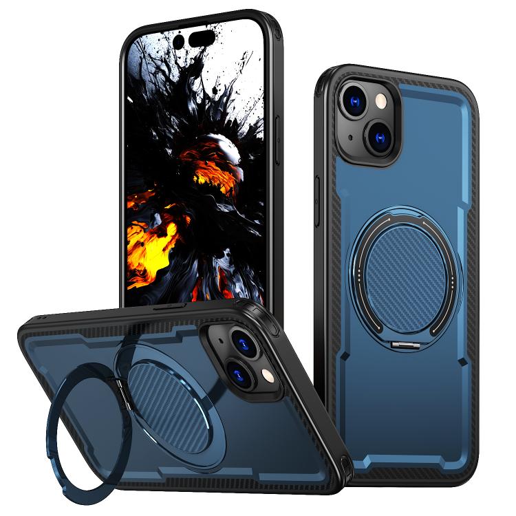 

For iPhone 15 Plus kalebol Metal 360 Degree Rotation Holder MagSafe Phone Case(Navy Blue)