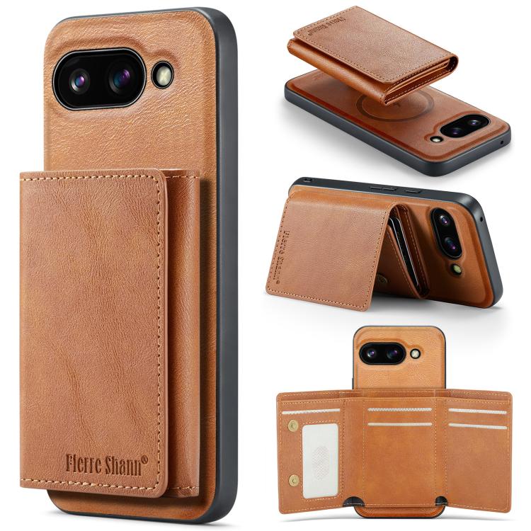 

For Google Pixel 9a Fierre Shann 2 in 1 Holder RFID Card Slot Wallet MagSafe Phone Case(Dark Brown)