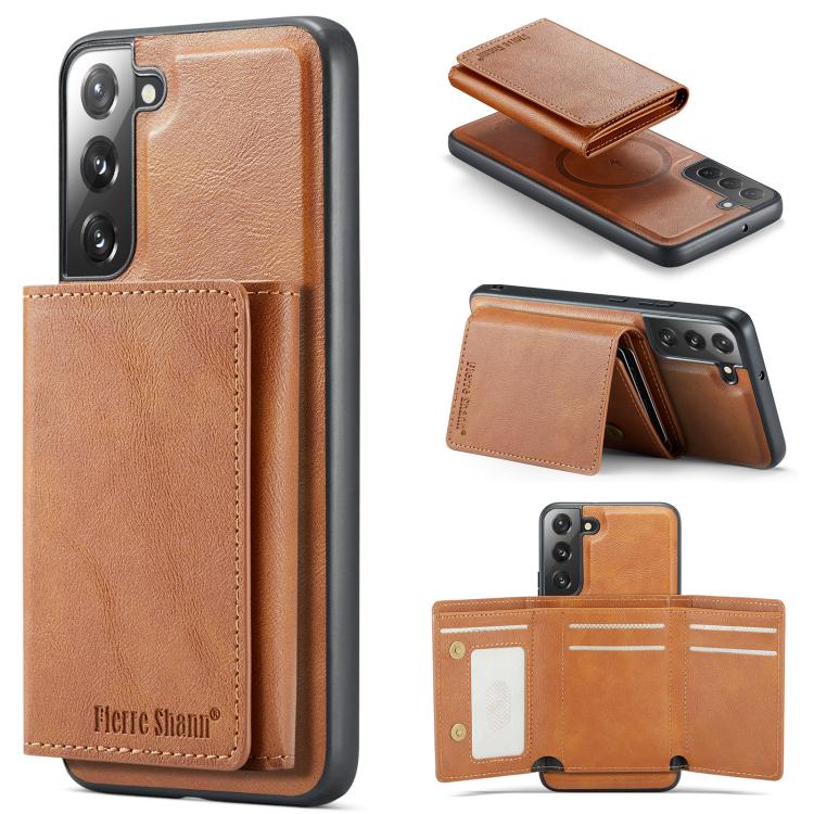

For Samsung Galaxy S22 5G Fierre Shann 2 in 1 Holder RFID Card Slot Wallet MagSafe Phone Case(Dark Brown)