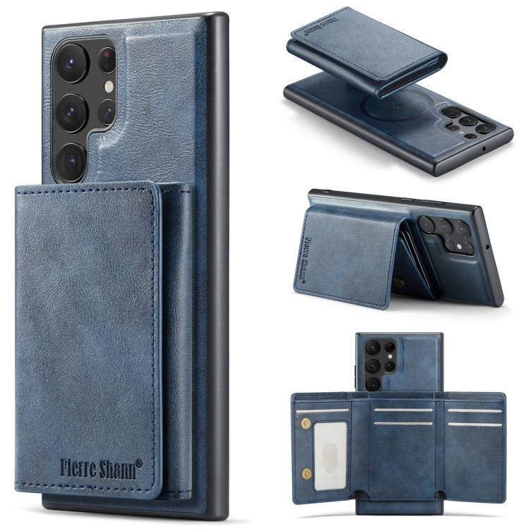 

For Samsung Galaxy S22 Ultra 5G Fierre Shann 2 in 1 Holder RFID Card Slot Wallet MagSafe Phone Case(Blue)