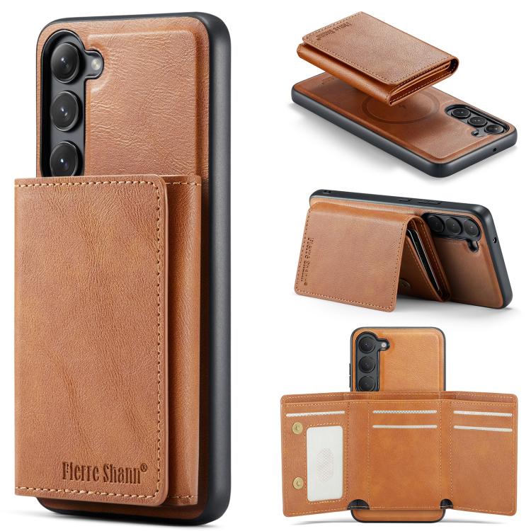 

For Samsung Galaxy S23+ 5G Fierre Shann 2 in 1 Holder RFID Card Slot Wallet MagSafe Phone Case(Dark Brown)
