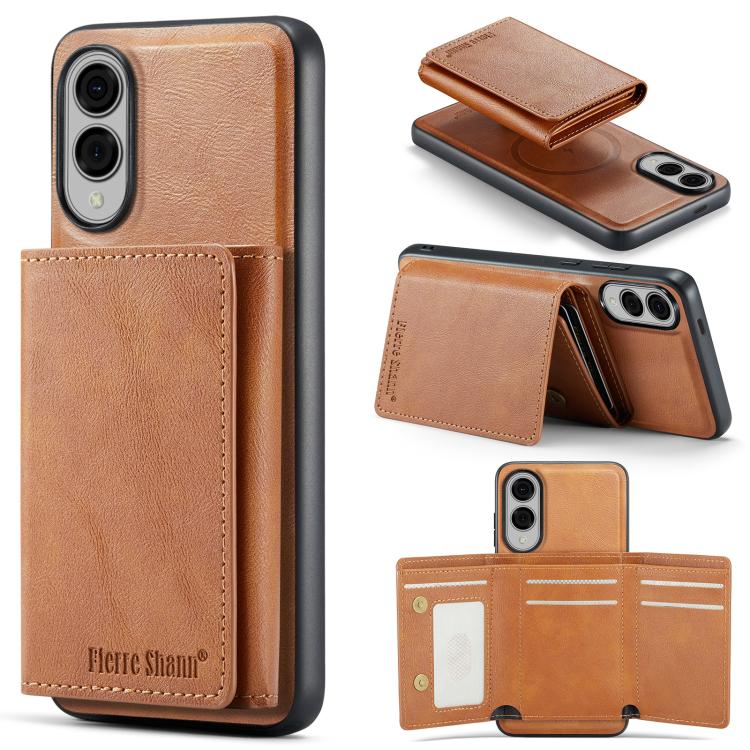 

For Samsung Galaxy S25 Edge 5G Fierre Shann 2 in 1 Holder RFID Card Slot Wallet MagSafe Phone Case(Dark Brown)