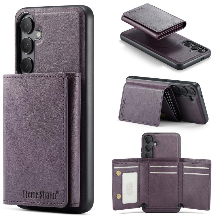 

For Samsung Galaxy S25 5G Fierre Shann 2 in 1 Holder RFID Card Slot Wallet MagSafe Phone Case(Purple)