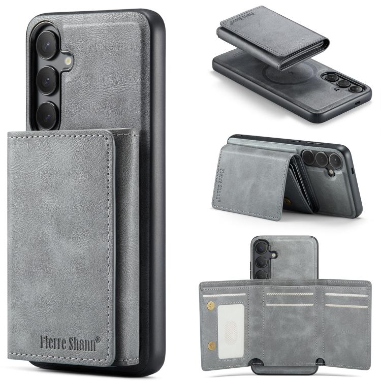 

For Samsung Galaxy S25+ 5G Fierre Shann 2 in 1 Holder RFID Card Slot Wallet MagSafe Phone Case(Grey)