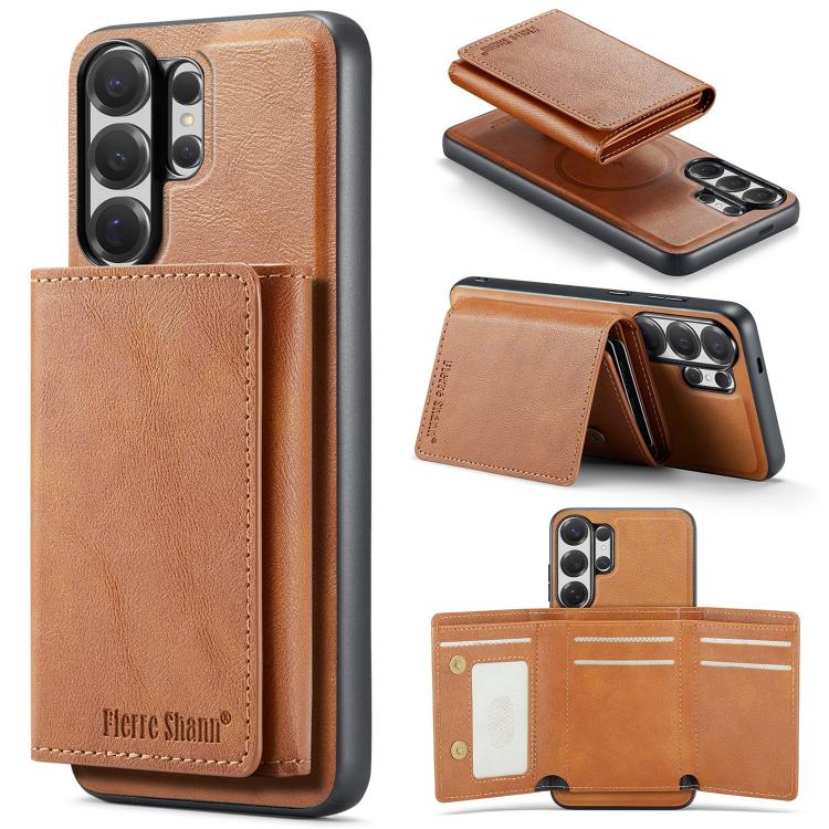 For Galaxy S26 Ultra 5G Fierre Shann 2 in 1 Holder RFID Card Slot Wallet MagSafe Phone Case(Dark Brown)