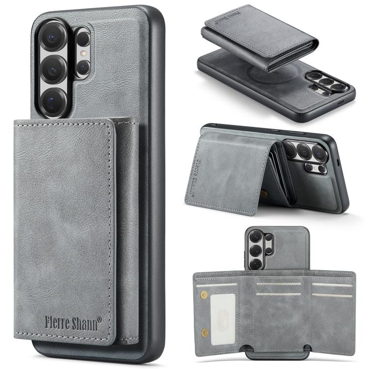 

For Samsung Galaxy S26 Ultra 5G Fierre Shann 2 in 1 Holder RFID Card Slot Wallet MagSafe Phone Case(Grey)