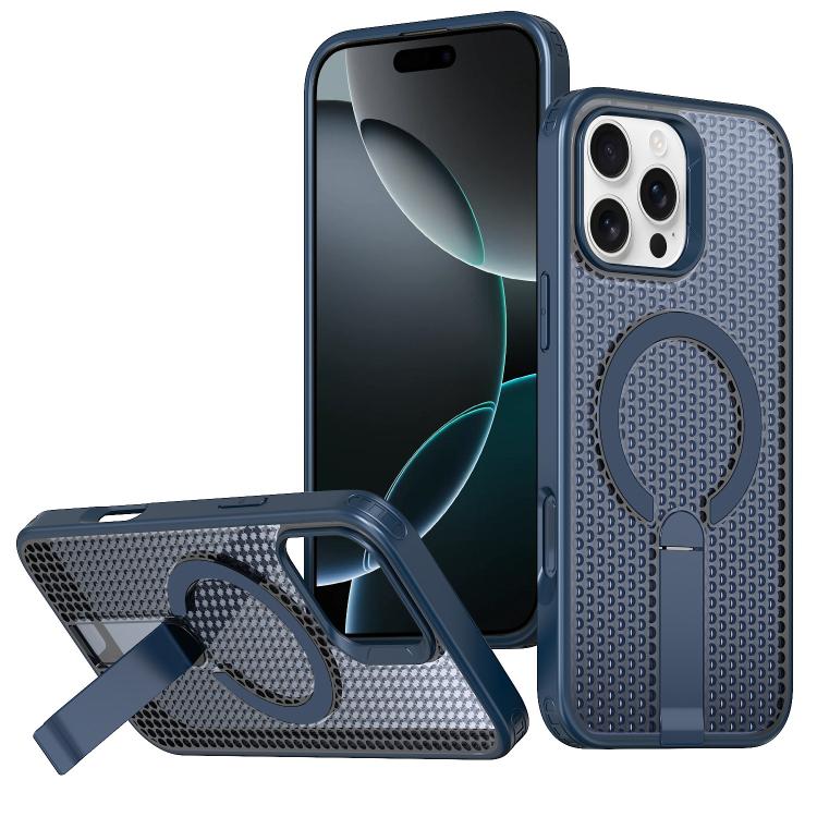 

For iPhone 16 Pro Max kalebol Honeycomb Cooling MagSafe Holder Phone Case(Blue)