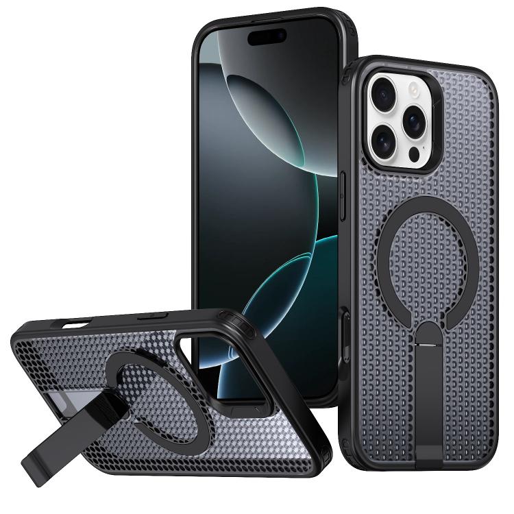 

For iPhone 16 Pro kalebol Honeycomb Cooling MagSafe Holder Phone Case(Black)