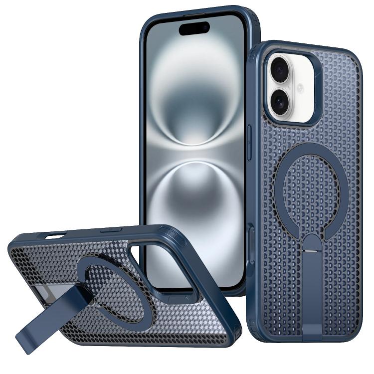 

For iPhone 16 Plus kalebol Honeycomb Cooling MagSafe Holder Phone Case(Blue)