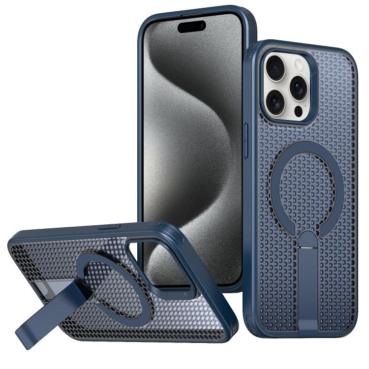 

For iPhone 15 Pro Max kalebol Honeycomb Cooling MagSafe Holder Phone Case(Blue)