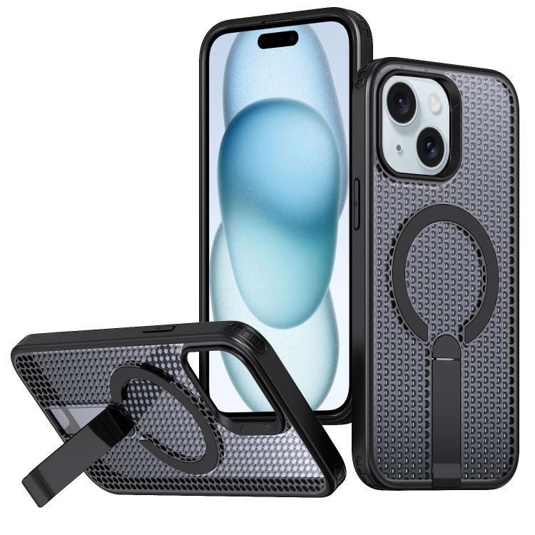 

For iPhone 15 Plus kalebol Honeycomb Cooling MagSafe Holder Phone Case(Black)