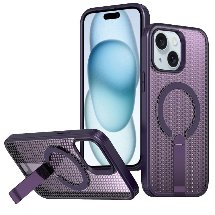 

For iPhone 15 Plus kalebol Honeycomb Cooling MagSafe Holder Phone Case(Purple)