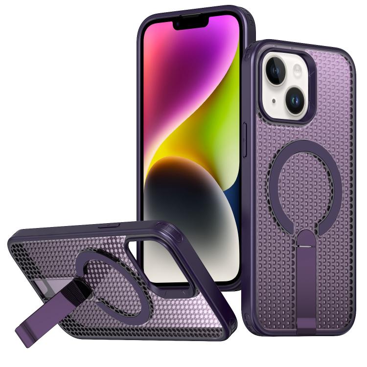 

For iPhone 14 kalebol Honeycomb Cooling MagSafe Holder Phone Case(Purple)