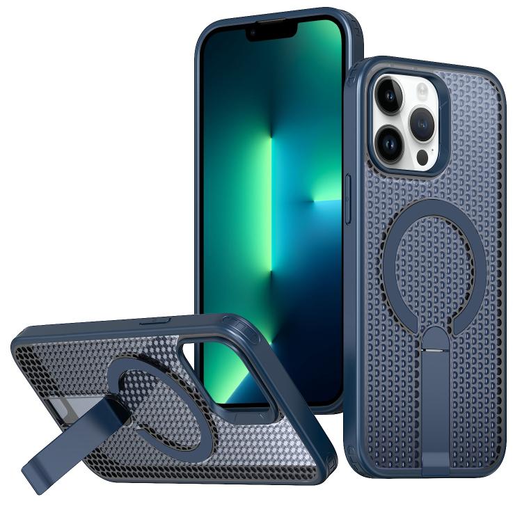 

For iPhone 13 Pro Max kalebol Honeycomb Cooling MagSafe Holder Phone Case(Blue)
