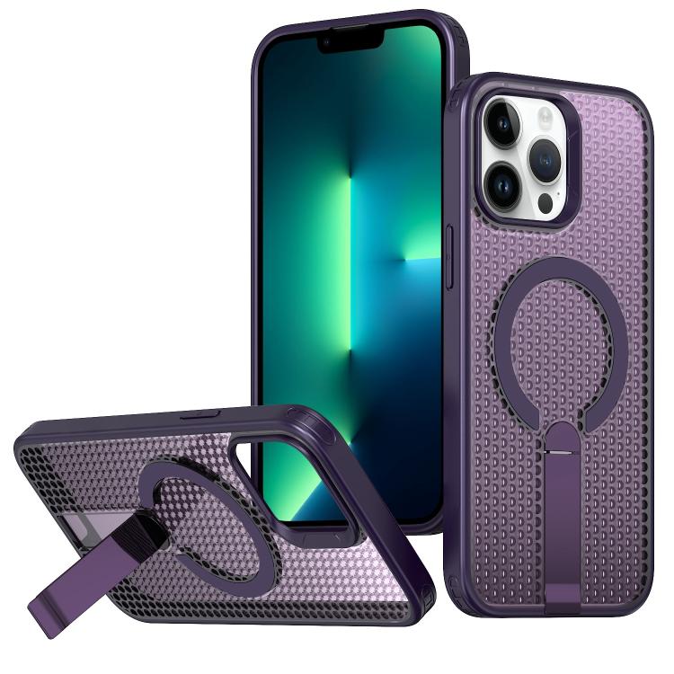 

For iPhone 13 Pro Max kalebol Honeycomb Cooling MagSafe Holder Phone Case(Purple)