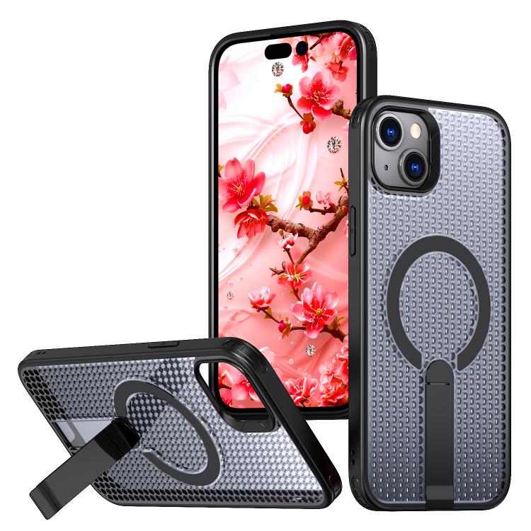 For iPhone 14 Plus kalebol Honeycomb Cooling MagSafe Holder Phone Case(Black)