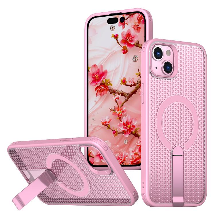 

For iPhone 14 Plus kalebol Honeycomb Cooling MagSafe Holder Phone Case(Pink)