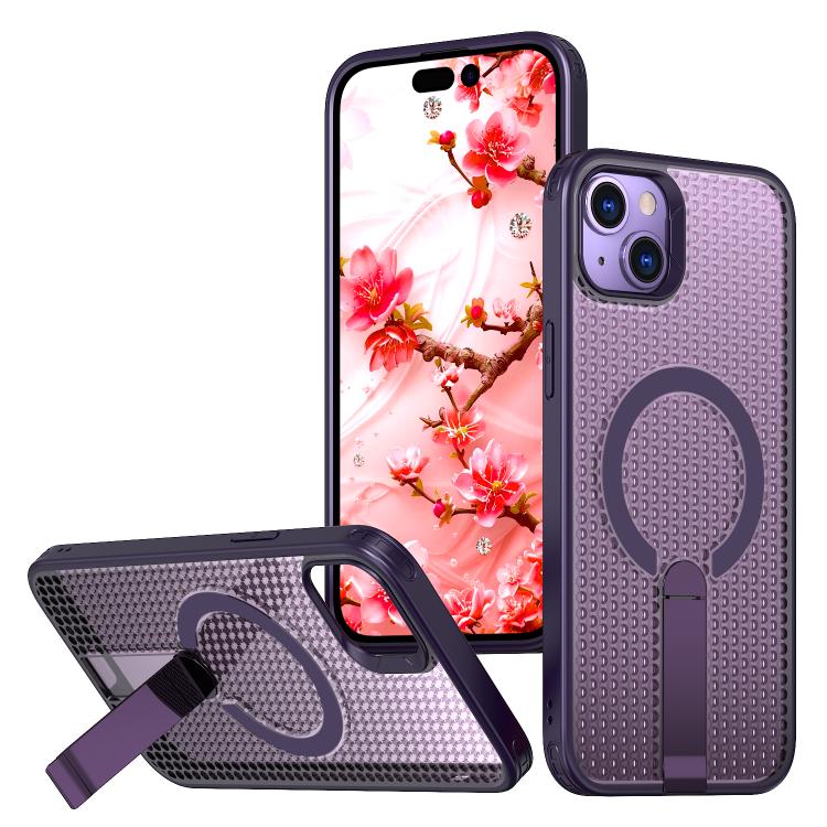 

For iPhone 14 Plus kalebol Honeycomb Cooling MagSafe Holder Phone Case(Purple)