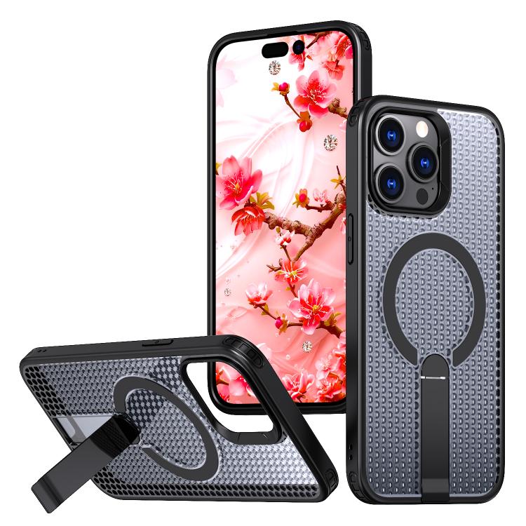 

For iPhone 14 Pro kalebol Honeycomb Cooling MagSafe Holder Phone Case(Black)