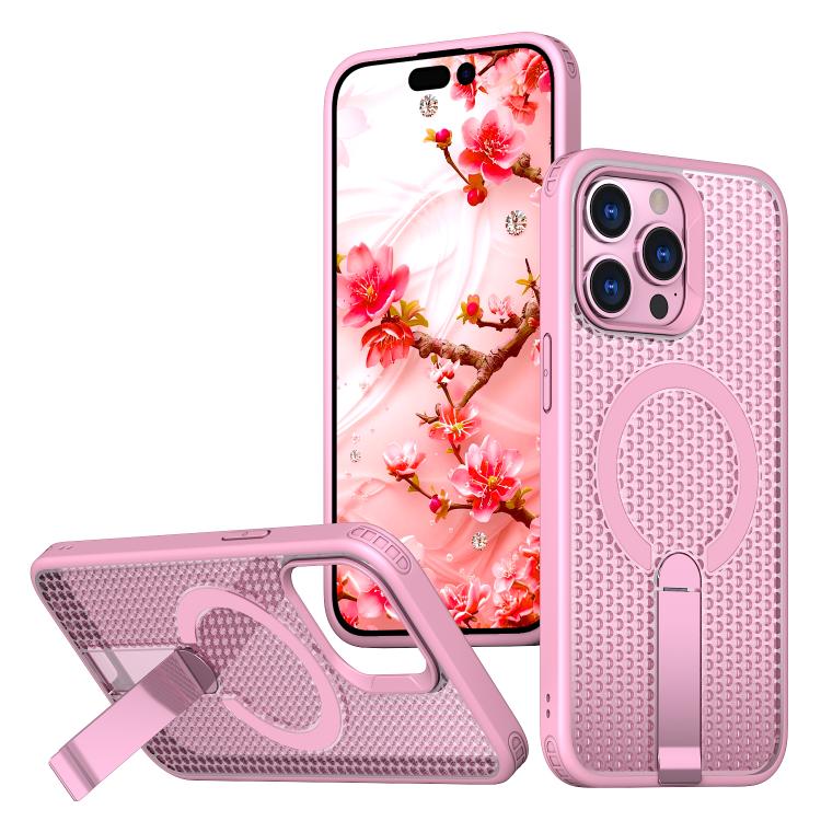 

For iPhone 14 Pro kalebol Honeycomb Cooling MagSafe Holder Phone Case(Pink)