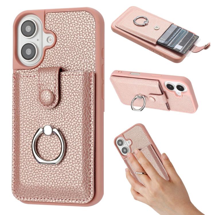 

For iPhone 17 Litchi Texture Drawing Card Bag Ring Holder Phone Case(Rose Gold)