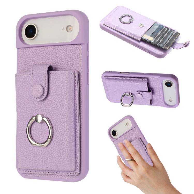 

For iPhone Air Litchi Texture Drawing Card Bag Ring Holder Phone Case(Purple)
