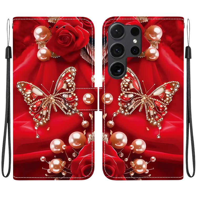 

For Samsung Galaxy S25 Ultra 5G Crystal Texture Colored Drawing Leather Phone Case(Pearl Butterfly Rose)