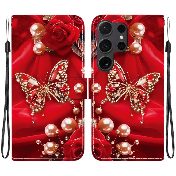 

For Samsung Galaxy S24 Ultra 5G Crystal Texture Colored Drawing Leather Phone Case(Pearl Butterfly Rose)