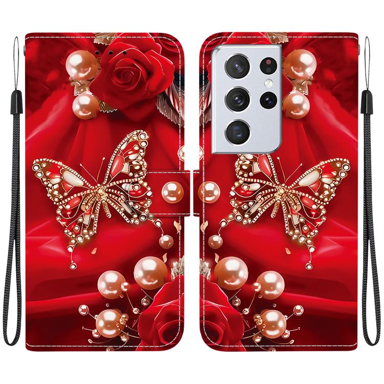 

For Samsung Galaxy S21 Ultra 5G Crystal Texture Colored Drawing Leather Phone Case(Pearl Butterfly Rose)