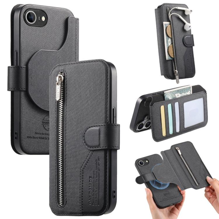 

For iPhone 16e Twill Fabric MagSafe RFID Anti-theft Zipper Wallet Leather Phone Case(Black)