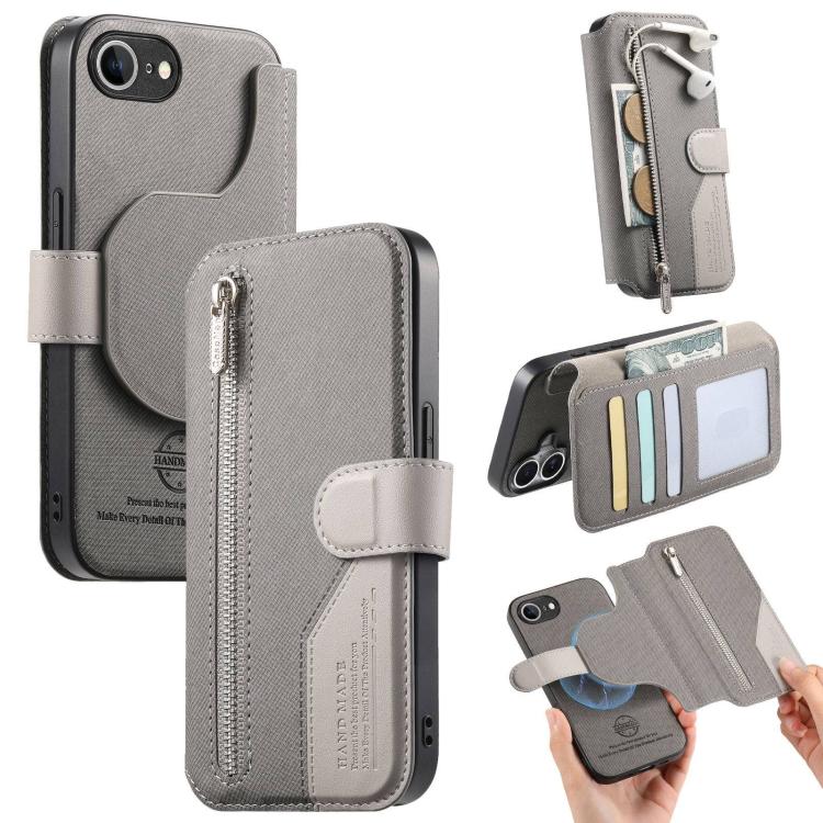 

For iPhone 16e Twill Fabric MagSafe RFID Anti-theft Zipper Wallet Leather Phone Case(Grey)