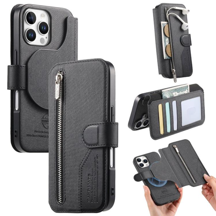 

For iPhone 16 Pro Max Twill Fabric MagSafe RFID Anti-theft Zipper Wallet Leather Phone Case(Black)