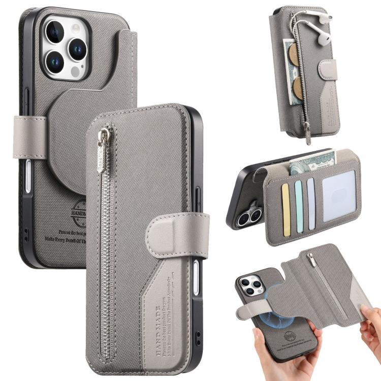 

For iPhone 16 Pro Max Twill Fabric MagSafe RFID Anti-theft Zipper Wallet Leather Phone Case(Grey)