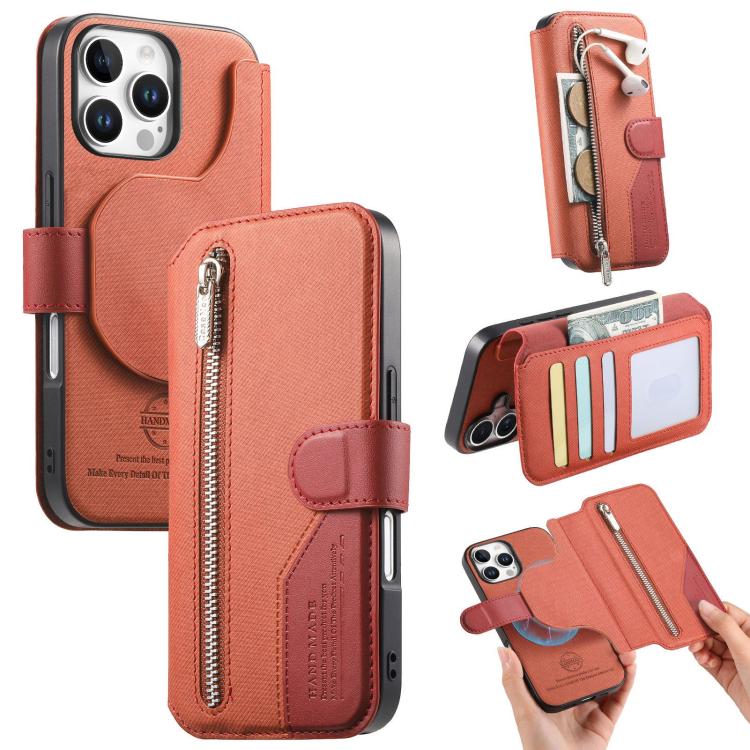 

For iPhone 16 Pro Twill Fabric MagSafe RFID Anti-theft Zipper Wallet Leather Phone Case(Orange)