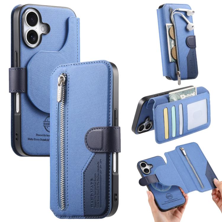 

For iPhone 16 Plus Twill Fabric MagSafe RFID Anti-theft Zipper Wallet Leather Phone Case(Dark Blue)