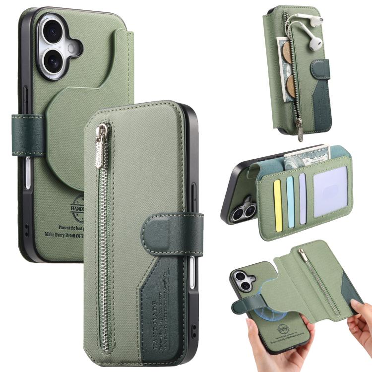 

For iPhone 16 Twill Fabric MagSafe RFID Anti-theft Zipper Wallet Leather Phone Case(Green)