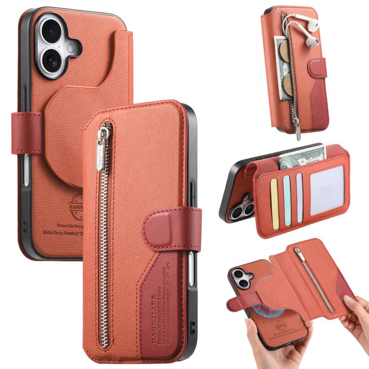 

For iPhone 16 Twill Fabric MagSafe RFID Anti-theft Zipper Wallet Leather Phone Case(Orange)