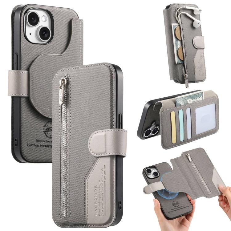 

For iPhone 15 Plus Twill Fabric MagSafe RFID Anti-theft Zipper Wallet Leather Phone Case(Grey)