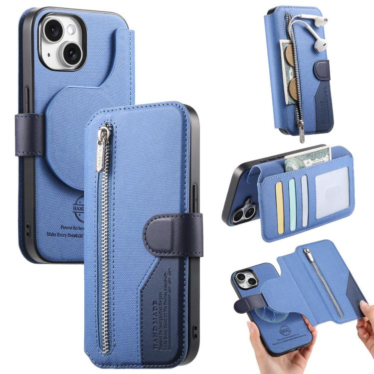 

For iPhone 14 Plus Twill Fabric MagSafe RFID Anti-theft Zipper Wallet Leather Phone Case(Dark Blue)