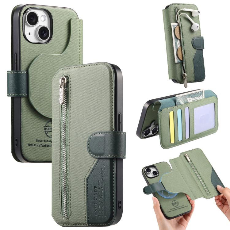 

For iPhone 14 Plus Twill Fabric MagSafe RFID Anti-theft Zipper Wallet Leather Phone Case(Green)