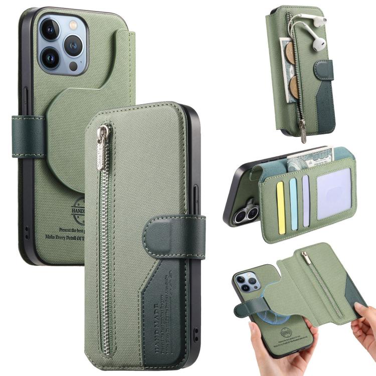

For iPhone 14 Pro Max Twill Fabric MagSafe RFID Anti-theft Zipper Wallet Leather Phone Case(Green)