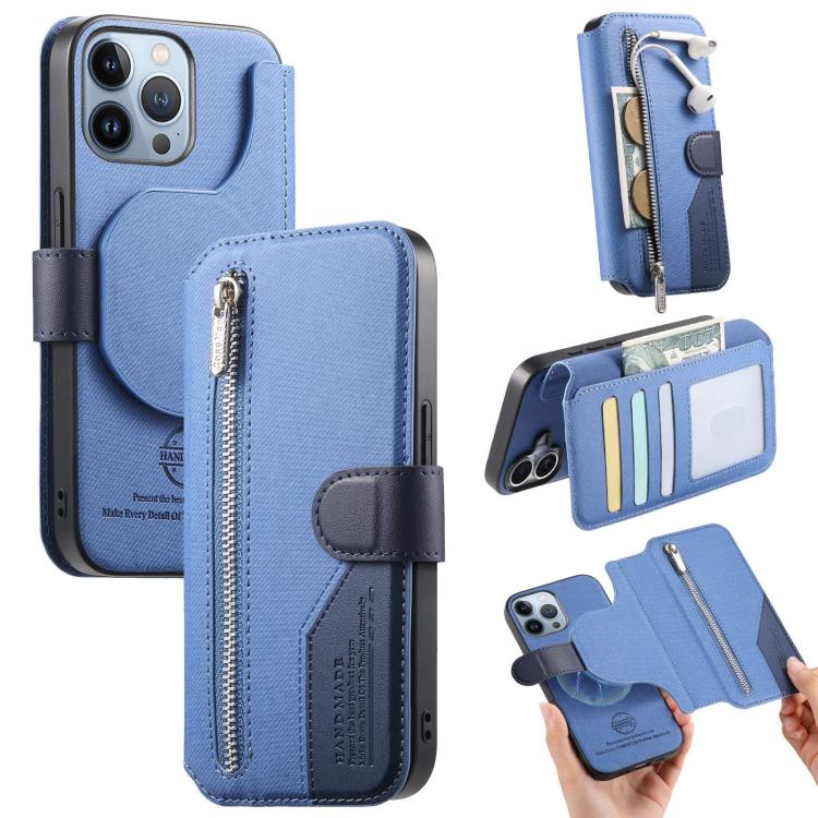 

For iPhone 13 Pro Twill Fabric MagSafe RFID Anti-theft Zipper Wallet Leather Phone Case(Dark Blue)