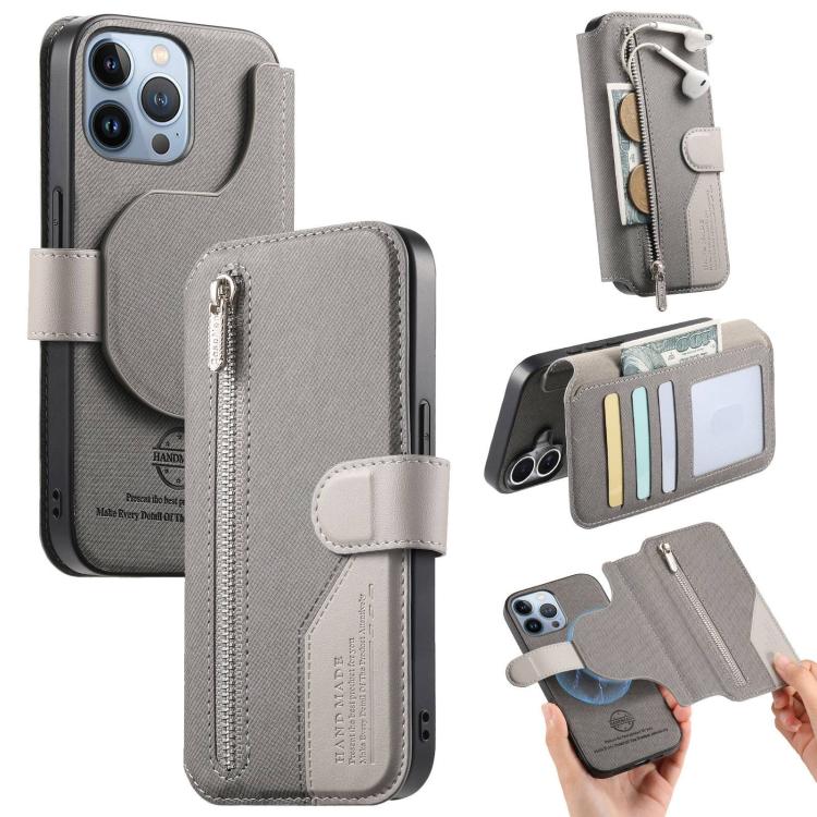 

For iPhone 13 Pro Twill Fabric MagSafe RFID Anti-theft Zipper Wallet Leather Phone Case(Grey)