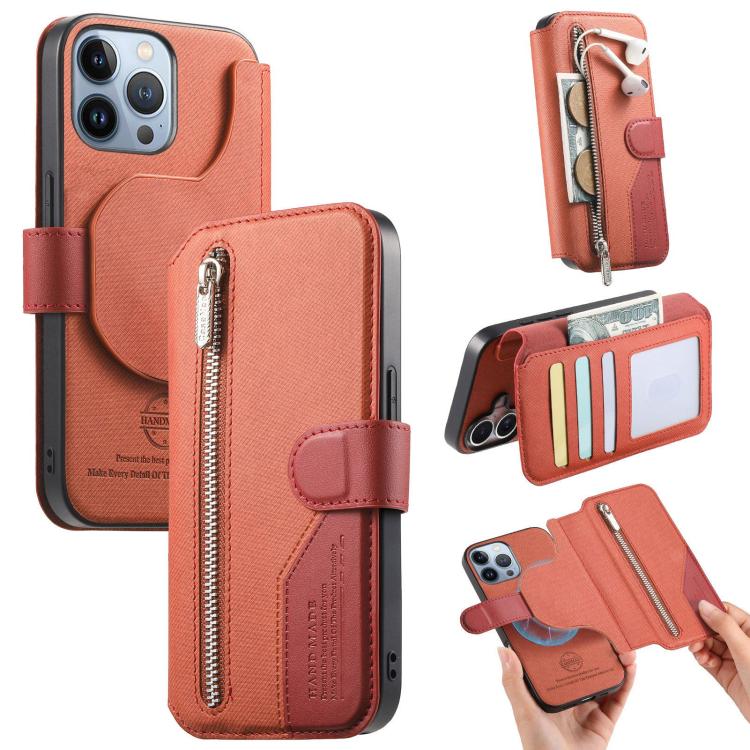 

For iPhone 13 Pro Twill Fabric MagSafe RFID Anti-theft Zipper Wallet Leather Phone Case(Orange)