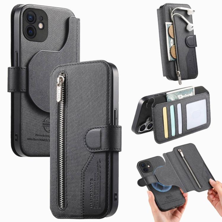 

For iPhone 11 Twill Fabric MagSafe RFID Anti-theft Zipper Wallet Leather Phone Case(Black)