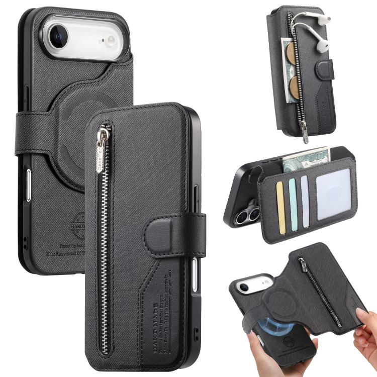

For iPhone Air Twill Fabric MagSafe RFID Anti-theft Zipper Wallet Leather Phone Case(Black)
