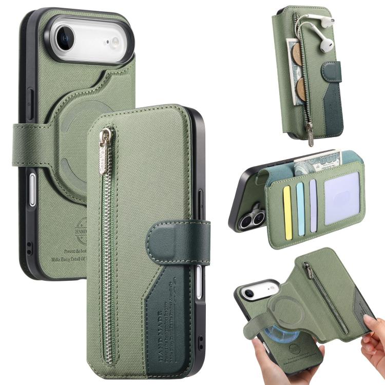 

For iPhone Air Twill Fabric MagSafe RFID Anti-theft Zipper Wallet Leather Phone Case(Green)