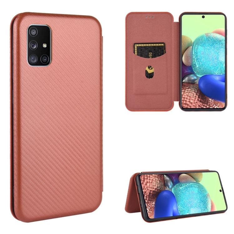 

For Samsung Galaxy M51 (Side Fingerprint) Carbon Fiber Texture Horizontal Flip TPU + PC + PU Leather Case with Card Slot(Brown)